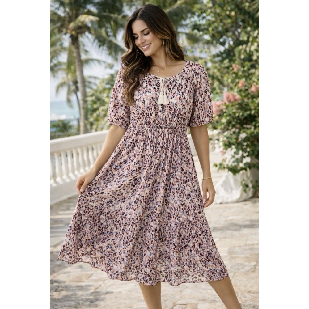 Beach Lunch Lounge Floral Smocked Waist Tassel Midi Dress Pink Purple Small